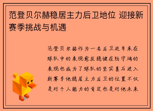范登贝尔赫稳居主力后卫地位 迎接新赛季挑战与机遇