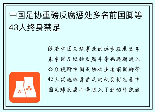 中国足协重磅反腐惩处多名前国脚等43人终身禁足
